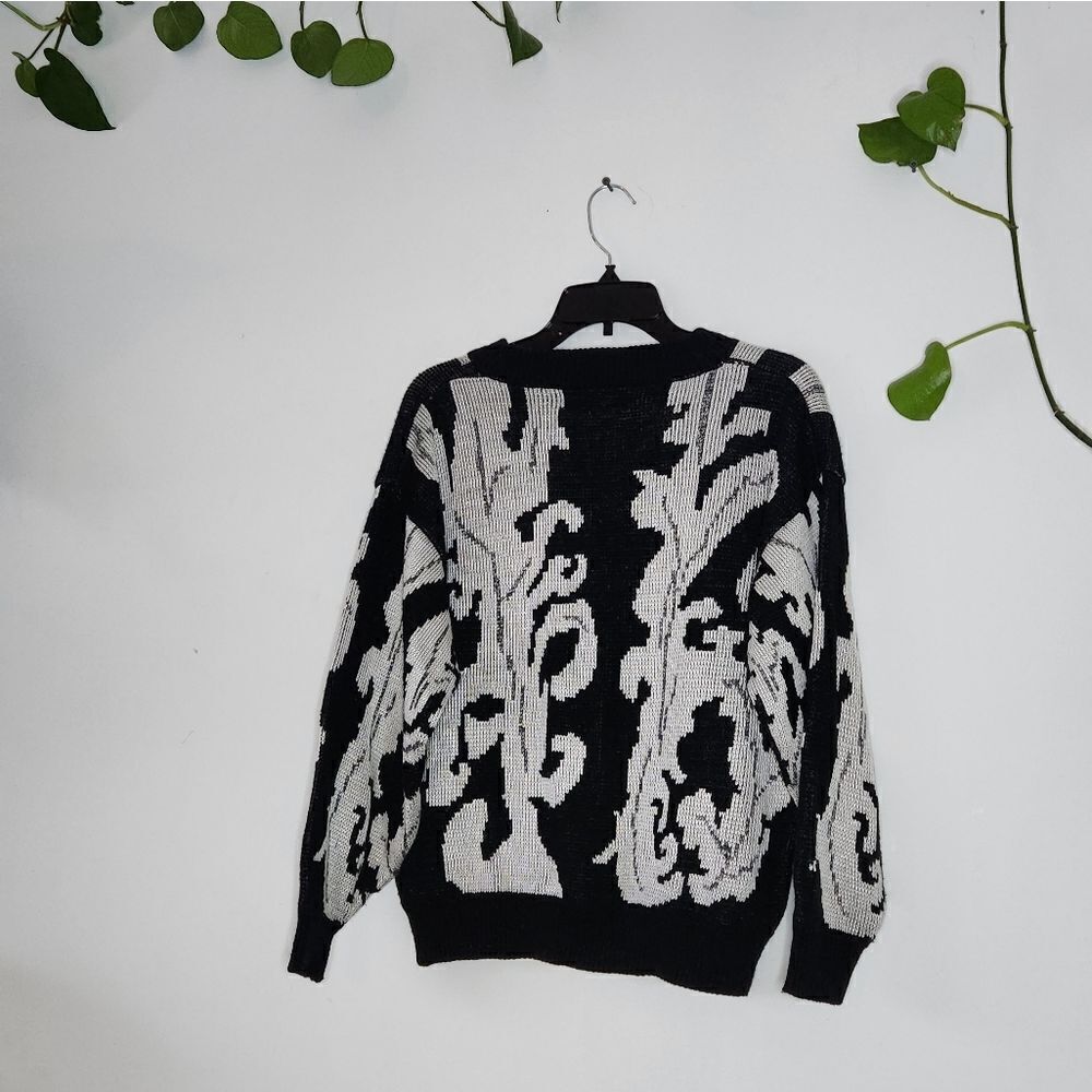 Vintage 90s V-Neck Knit Sweater Sparkly Black & White Small Graphic Print 80s - Picture 2 of 4